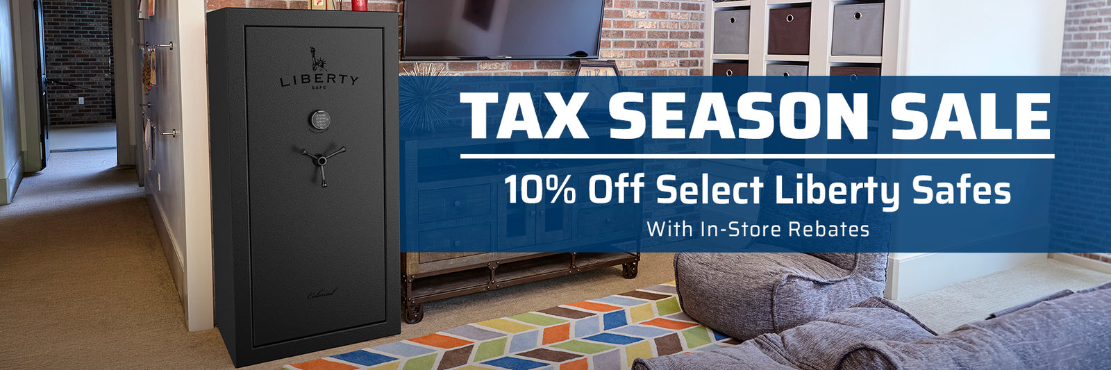 Liberty Colonial gun safe in a home setting promoting a Tax Season Sale with 10% off select Liberty safes.